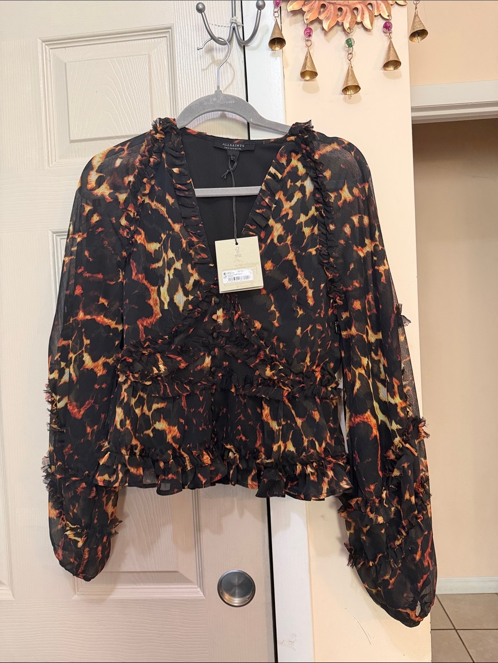 All Saints Black and Gold Leopard-Print Ruffle V-Neck Blouse